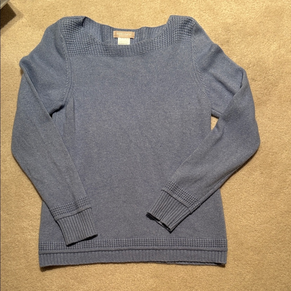 Hekla & Co Merino Wool Cashmere Blend Elegant Blue Crew Neck Sweater